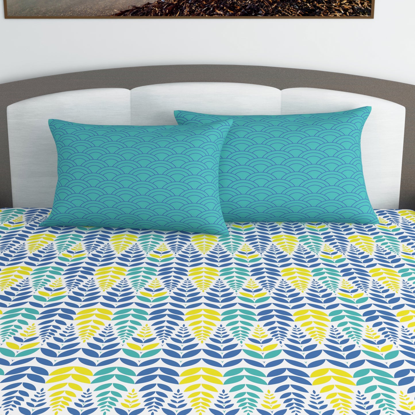 Blue & Yellow Floral 144 TC Polycotton King Bedsheet With 2 Pillowcovers