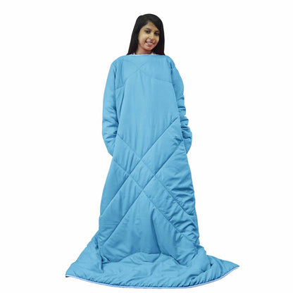 Sky Blue Solid Pattern Reversible Wearable Comforter for Adult