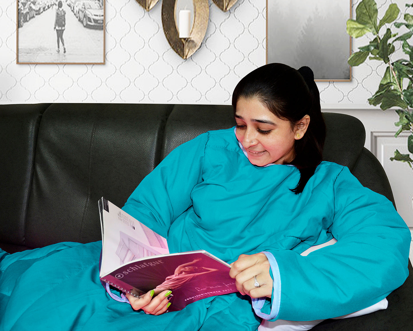 Pacific Blue Solid Pattern Reversible Wearable Comforter for Adult