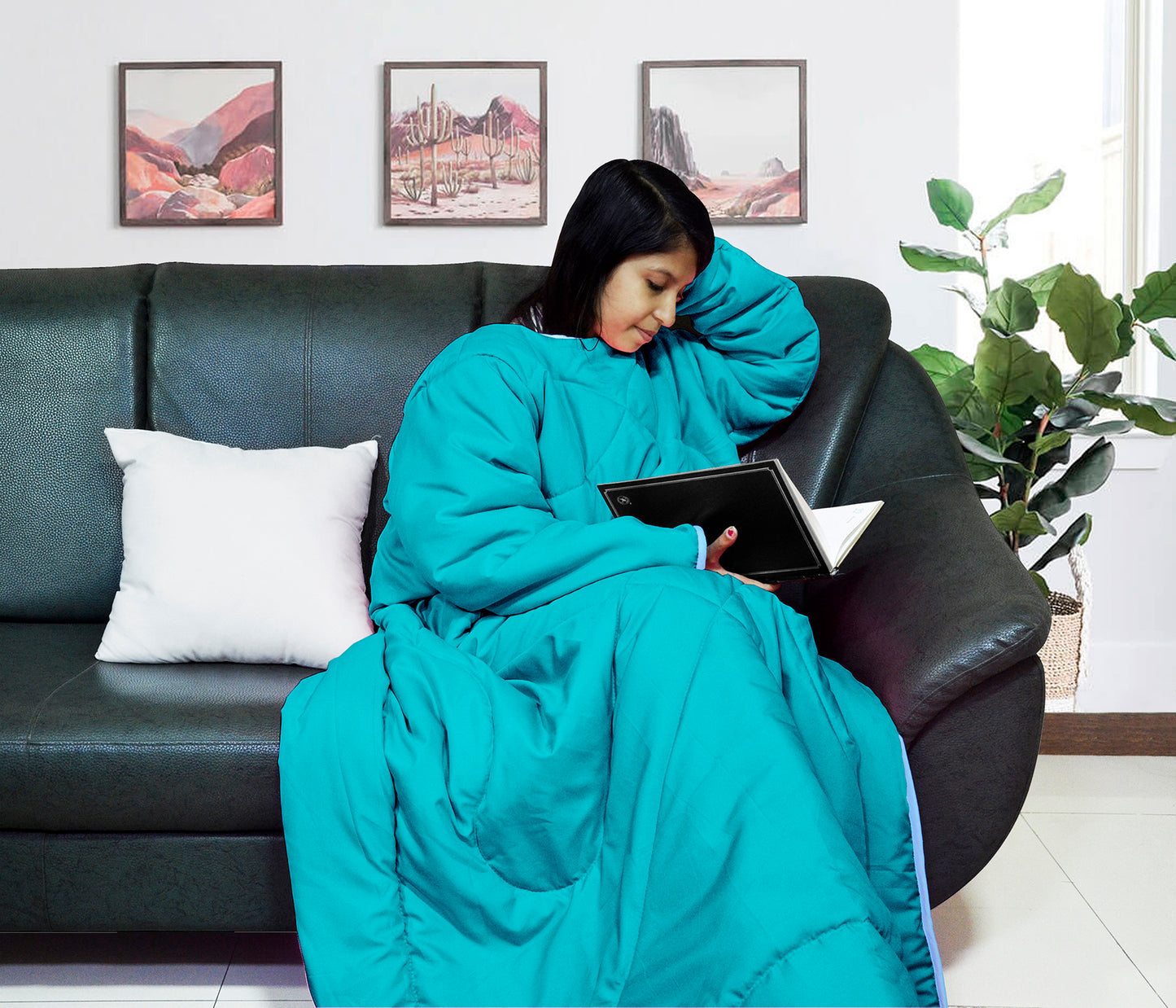 Pacific Blue Solid Pattern Reversible Wearable Comforter for Adult