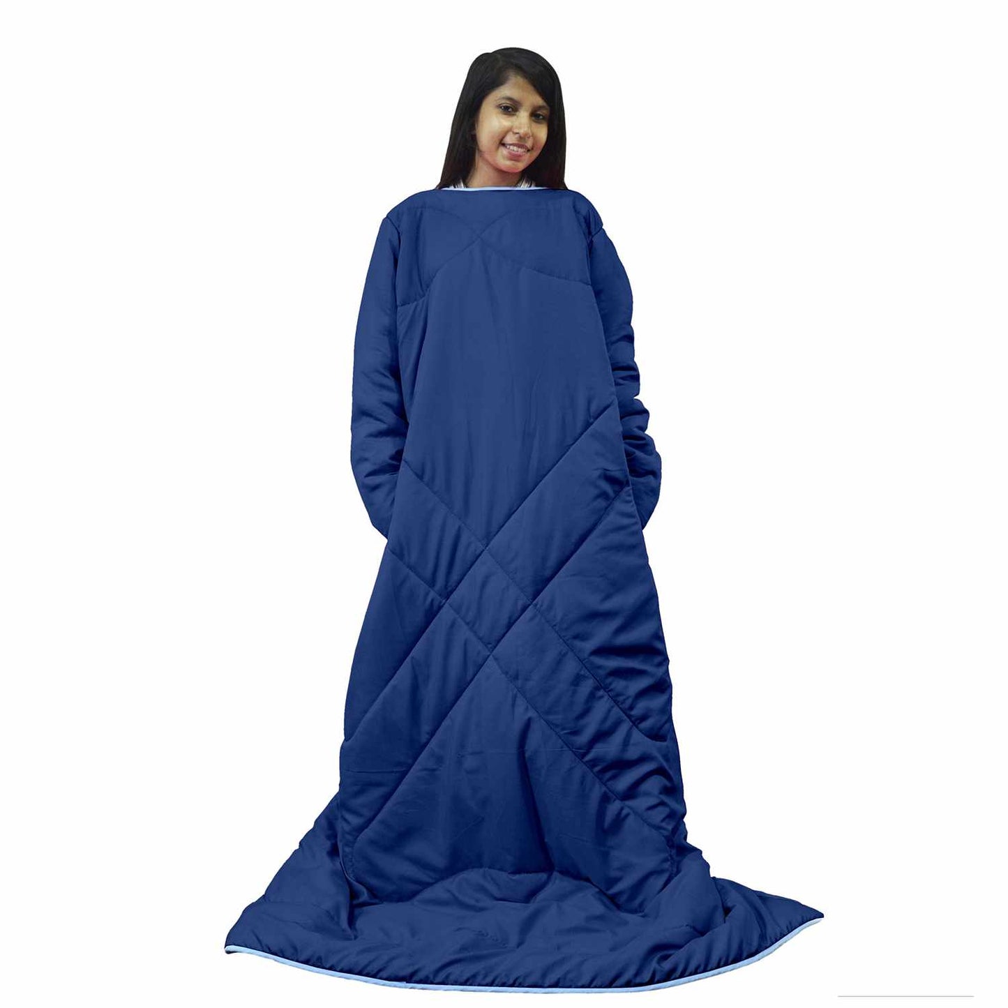 Navy Blue Solid Pattern Reversible Wearable Comforter for Adult