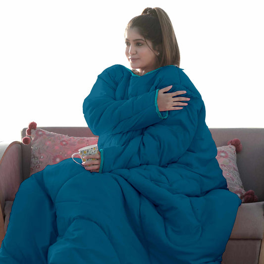Dark Blue Solid Pattern Reversible Wearable Comforter for Adult