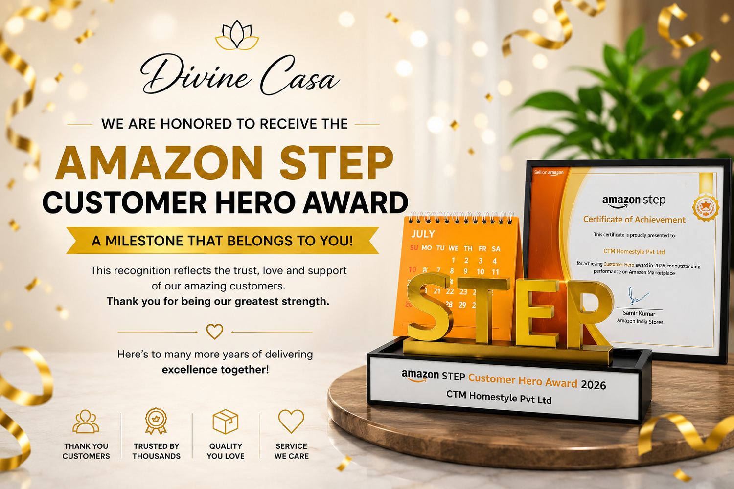 Divine Casa wins Amazon STEP Customer Hero Award 2026 for outstanding customer service, teamwork, and customer satisfaction on Amazon.