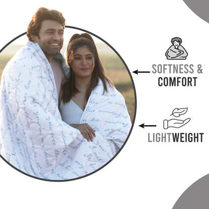 Blue Typography Letter Printed AC Quilt Comforter for Single Bed