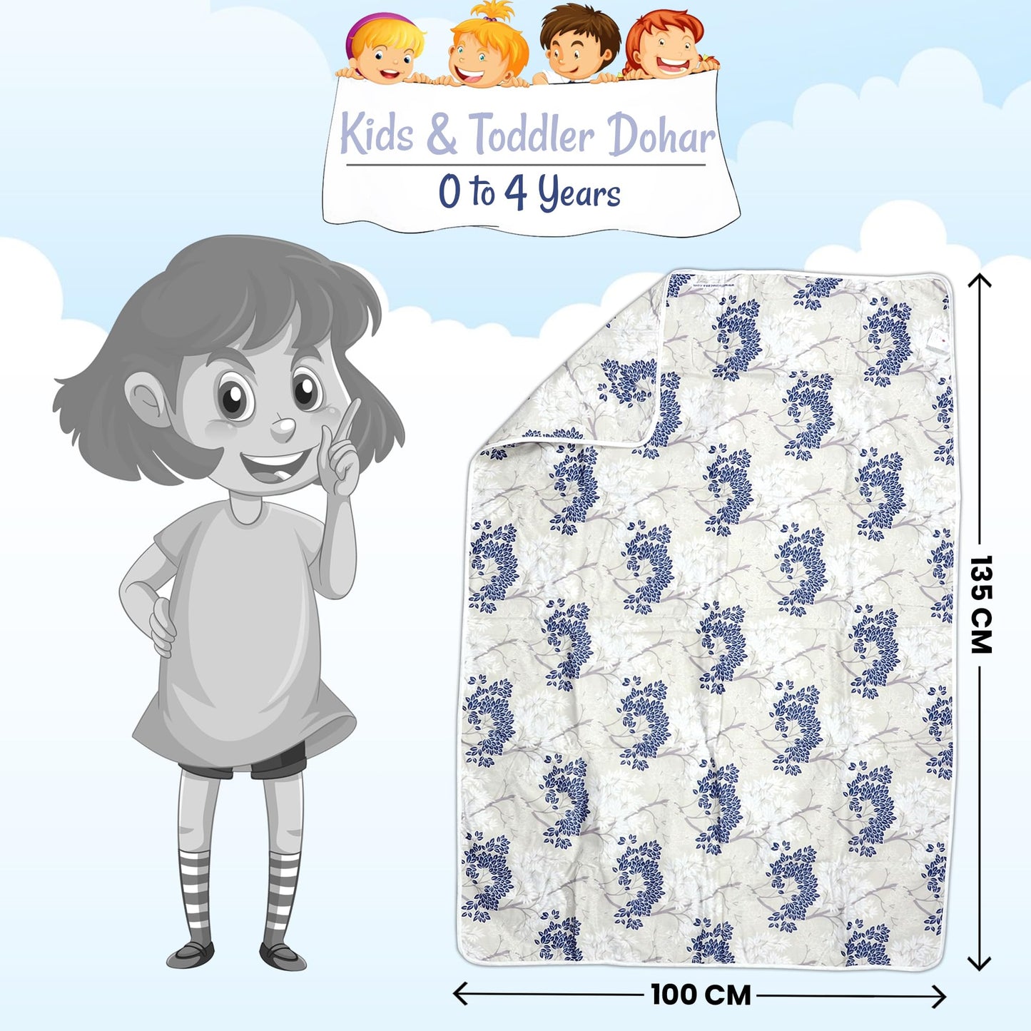 Grey and Blue Cotton 120 GSM Single Bed Kids Dohar for 0-3 Years Soft Cozy For Toddlers, Girls, Boys, and Babies