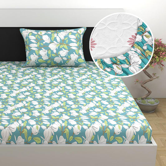 Light Green 144 TC 100% Cotton Floral Print Elastic Fitted Single Bed Bedsheet with 2 Pillow Covers  For Bedroom
