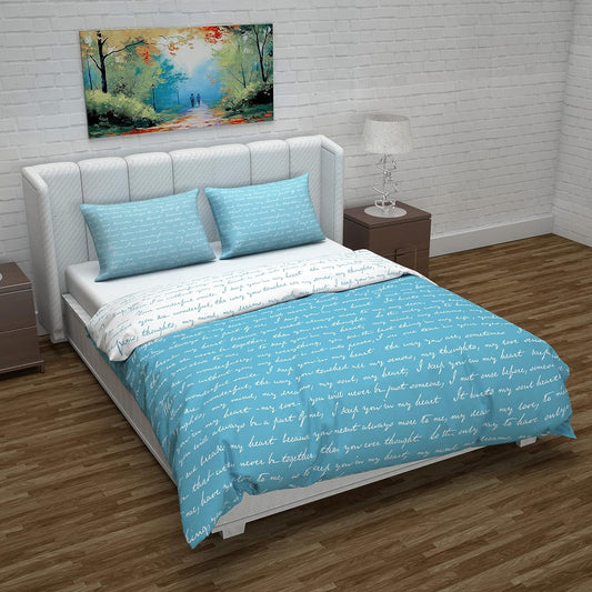 Microfiber Reversible Double Bed Queen Size Floral Printed Duvet Cover, Sky Blue and White