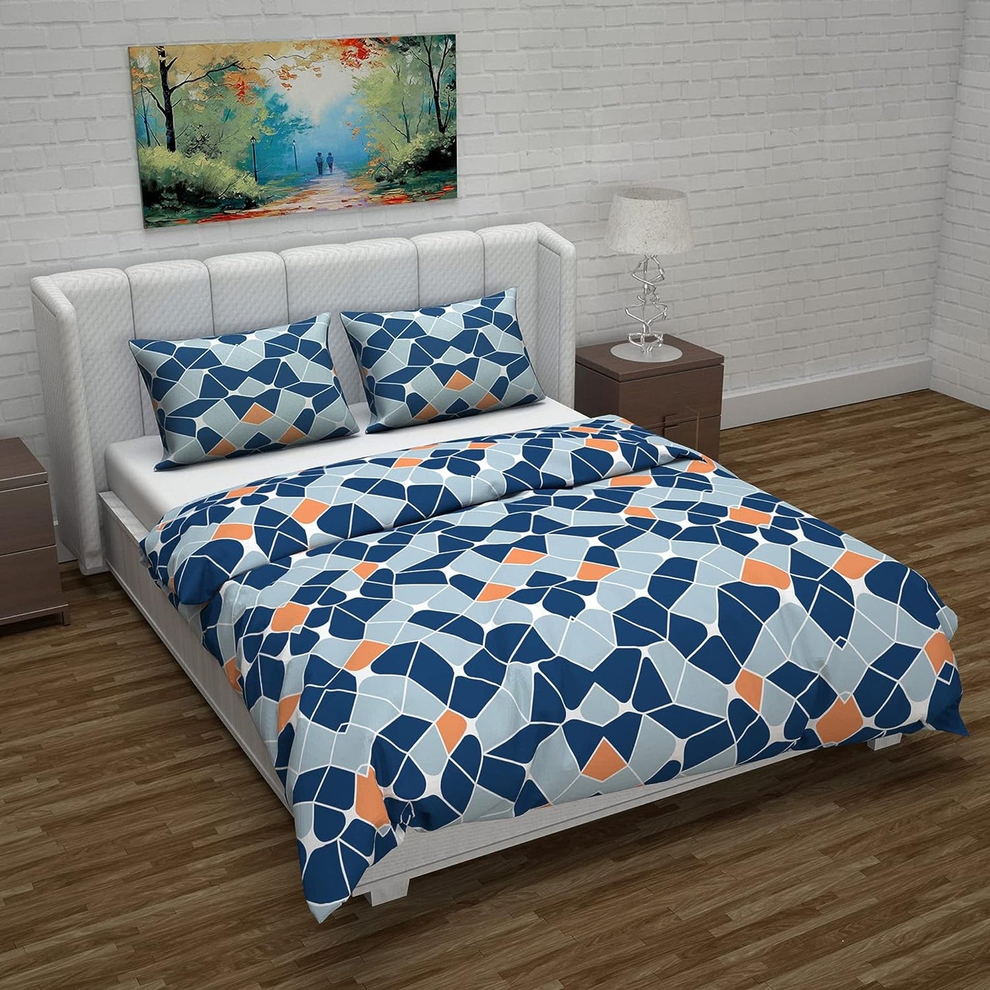 Microfiber Reversible Double Bed Queen Size Floral Printed Duvet Cover, Blue Orange