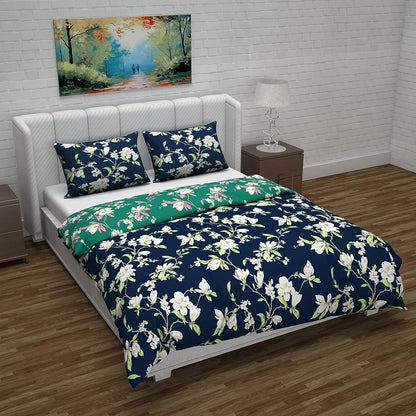 Microfiber Reversible Double Bed Queen Size Floral Printed Duvet Cover, Green & Navy Blue