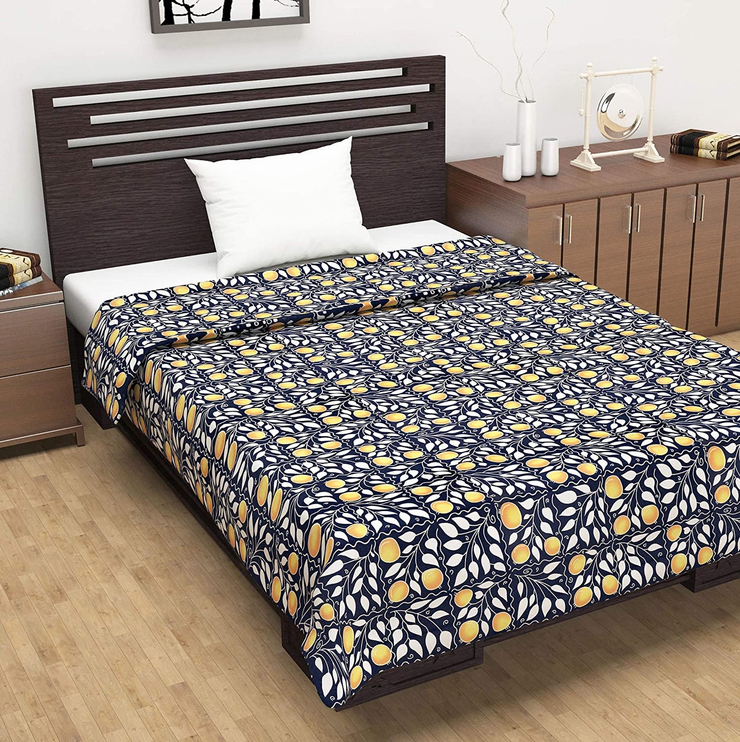 Navy Blue and Yellow 120 TC Cotton Floral Pattern Single Bed AC Blanket Dohar for All Season