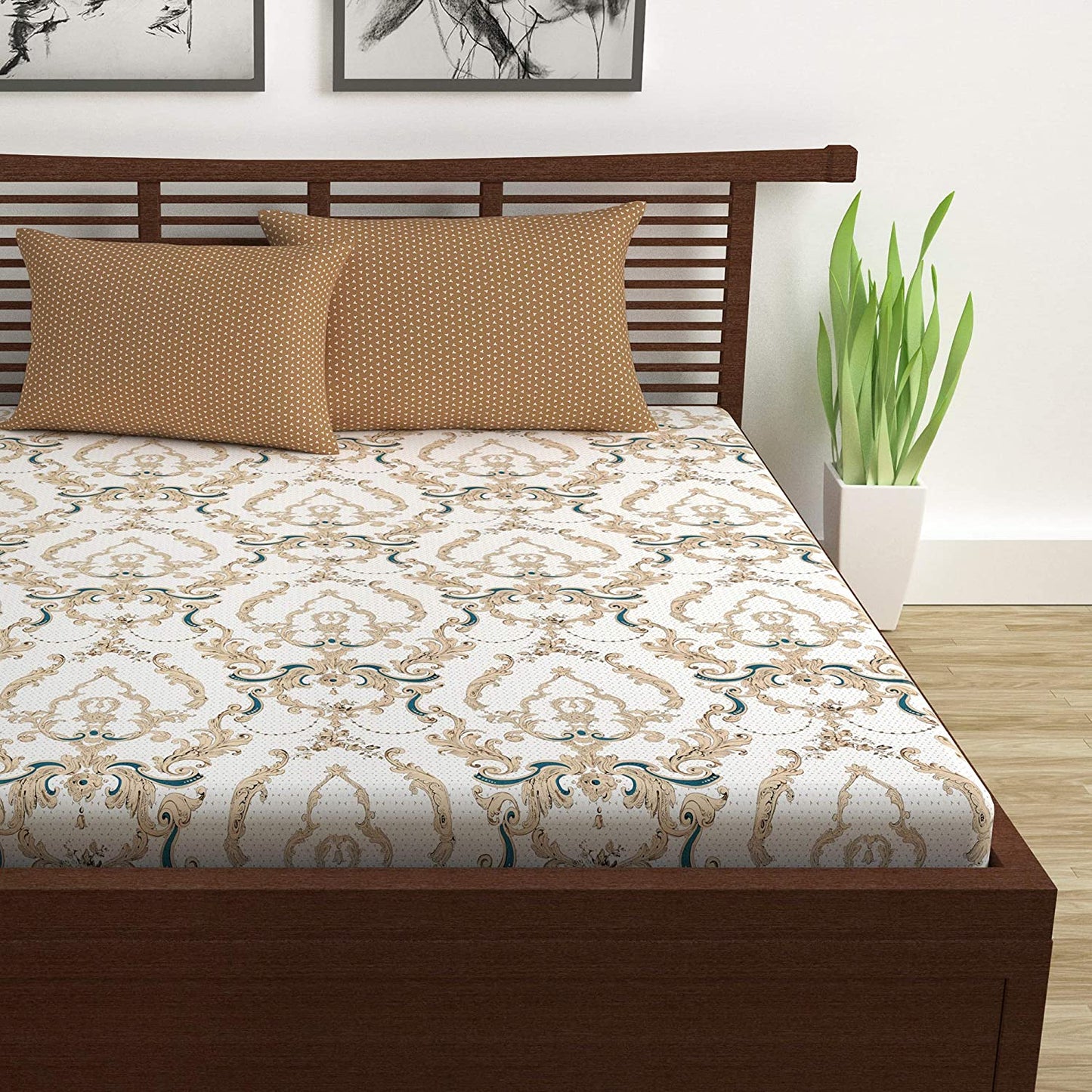 Peach 144 TC 100% Cotton kalamkari retro Double Bed Bedsheet with 2 Pillow Covers Bed Sheet For Bedroom