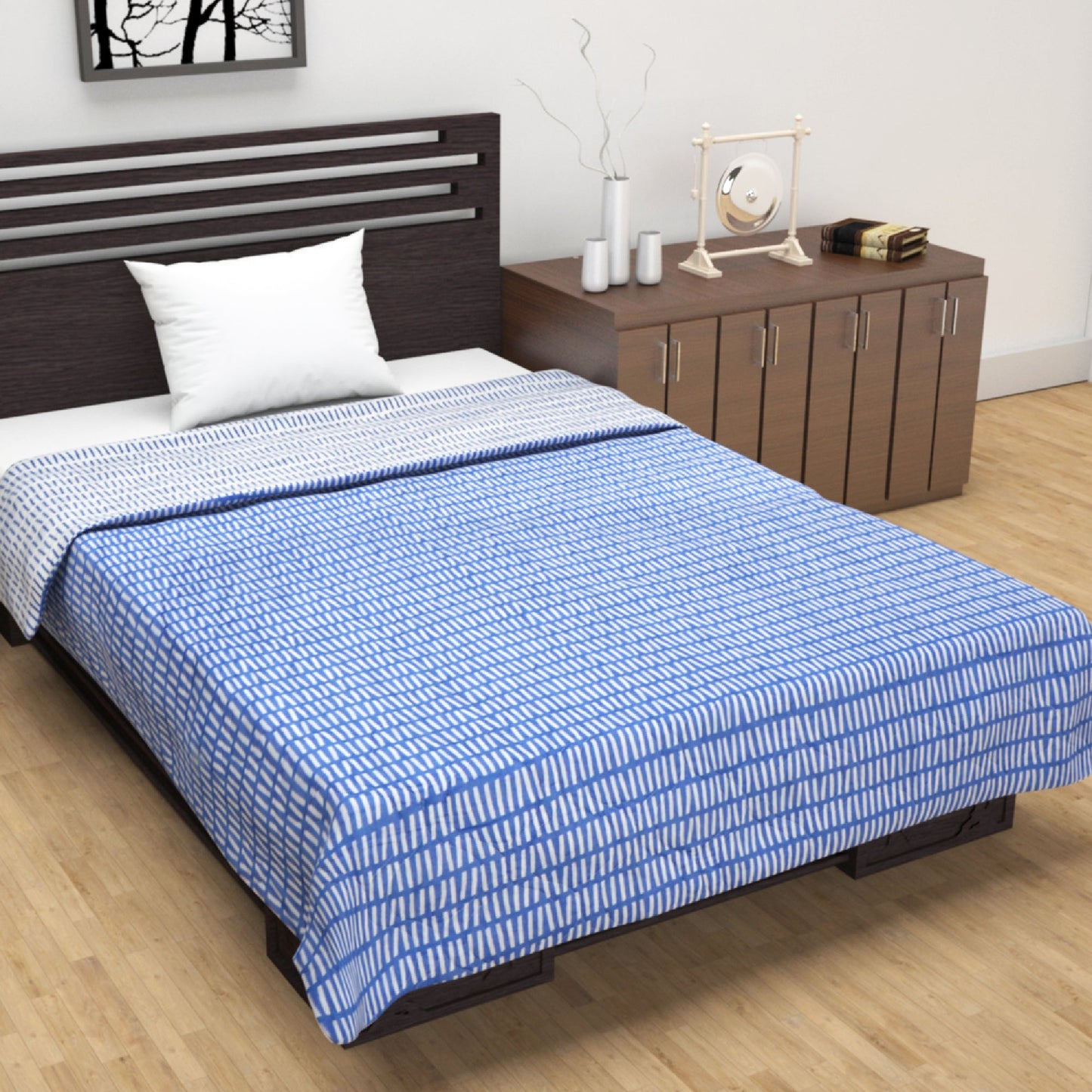 Light Blue And White 120 TC 100% Cambric Cotton Abstract Single Bed AC Blanket Dohar for All Season