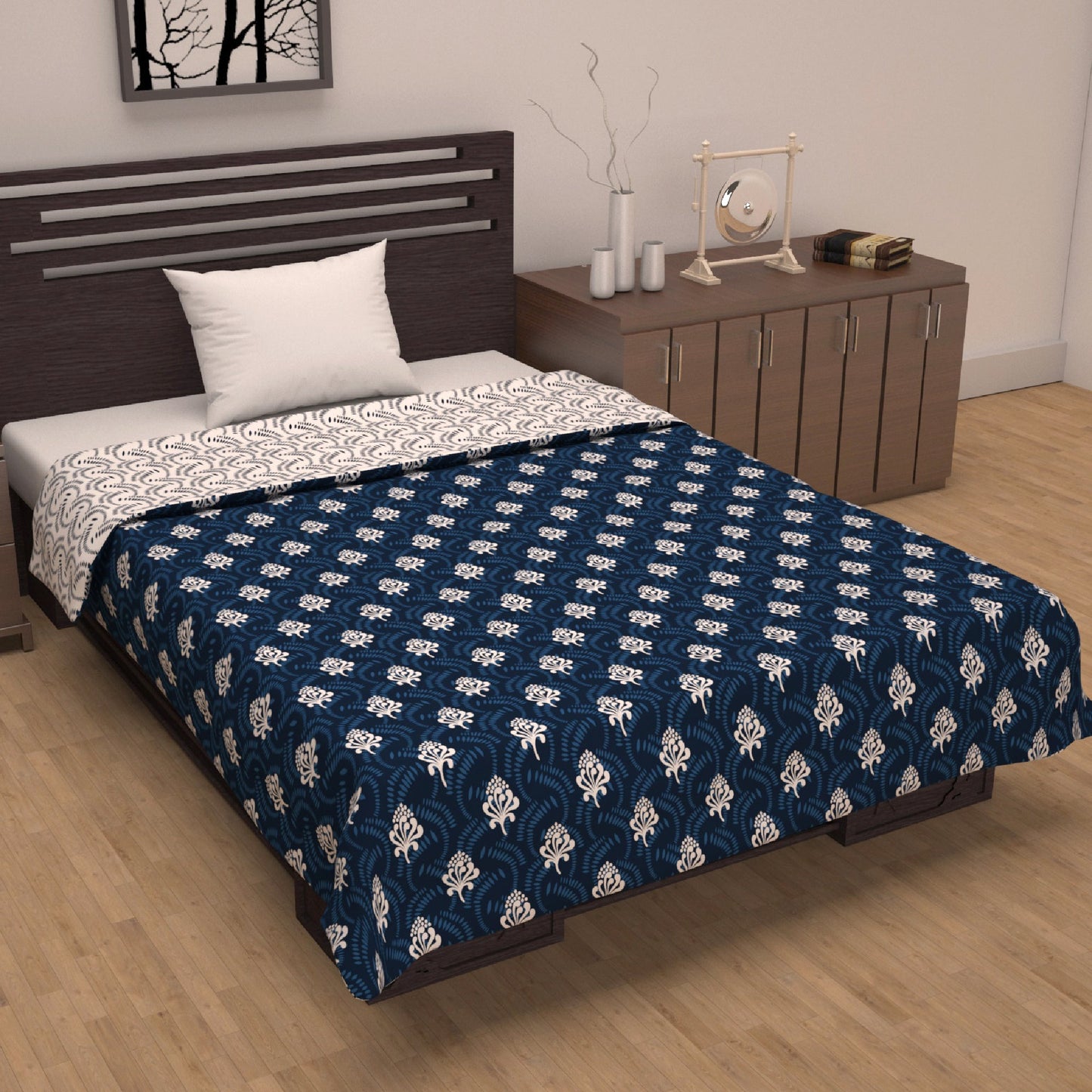 Navy Blue and White 120 GSM Microfiber Floral Pattern Single Bed AC Blanket Dohar for All Season