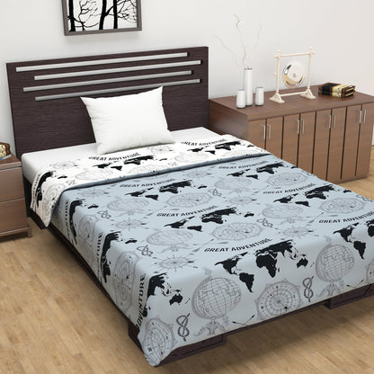 Grey and White 120 GSM Microfiber Abstract Geography Pattern Single Bed AC Blanket Dohar for All Season