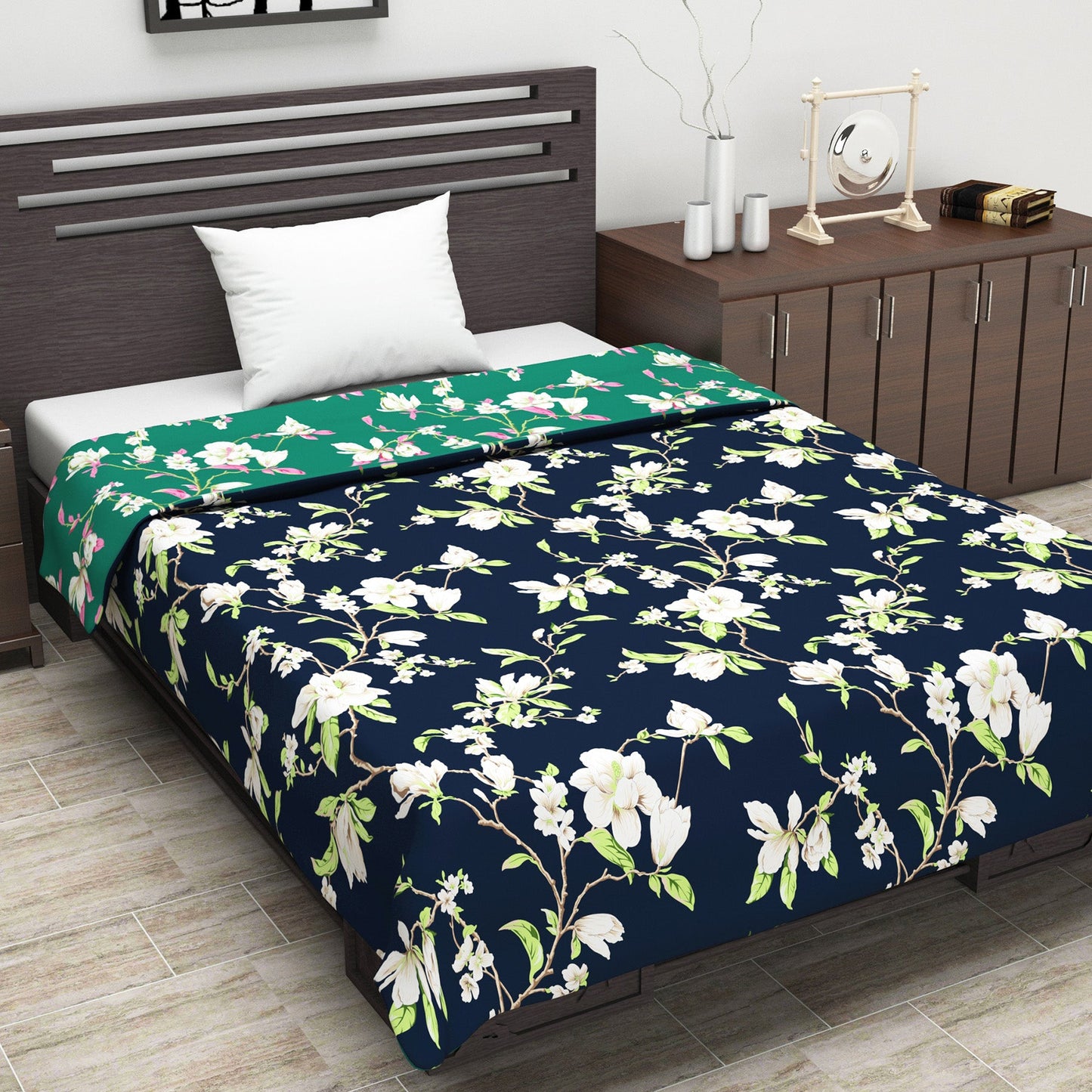 Green and Navy Blue 120 GSM Microfiber Floral Pattern Single Bed AC Blanket Dohar for All Season