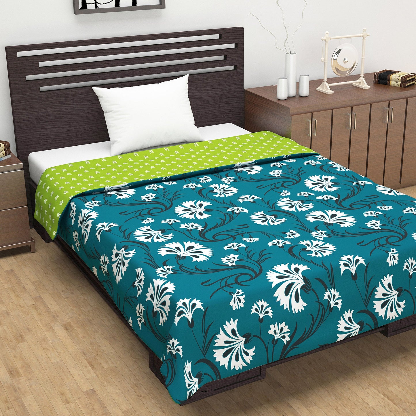 Blue and Green 120 GSM Microfiber Floral Pattern Single Bed AC Blanket Dohar for All Season