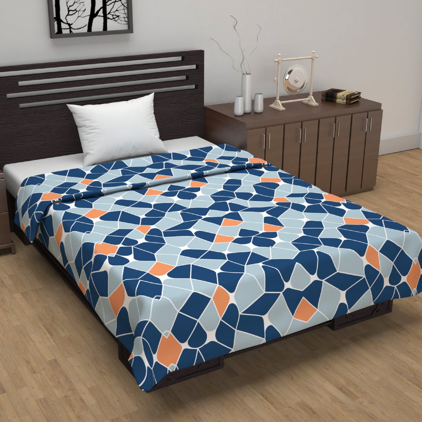 Navy Blue and Orange 120 GSM Microfiber Abstract Pattern Single Bed AC Blanket Dohar for All Season