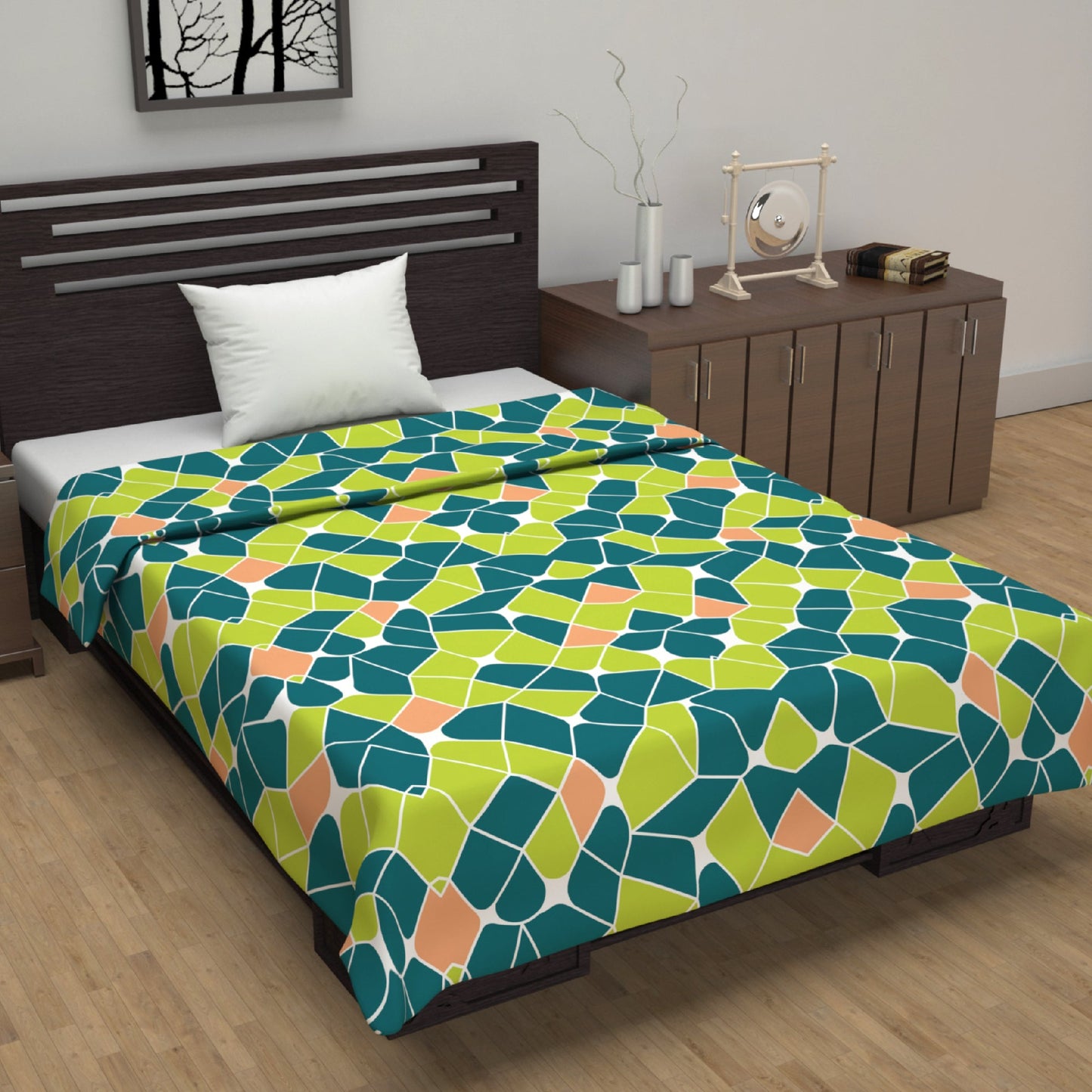 Green and Orange 120 GSM Microfiber Abstract Pattern Single Bed AC Blanket Dohar for All Season