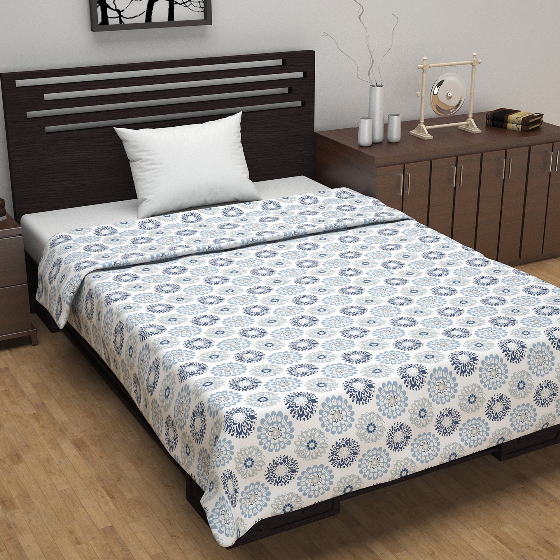 Blue and Grey Dahlia Floral Soft Silk Touch 144 TC 100% Cotton Dohar for Single Bed