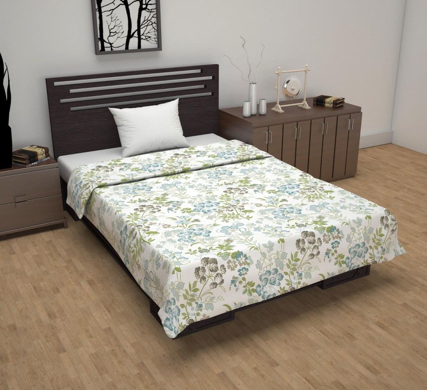 White And Green 144 TC 100% Cotton Floral Single Bed AC Blanket Dohar for All Season