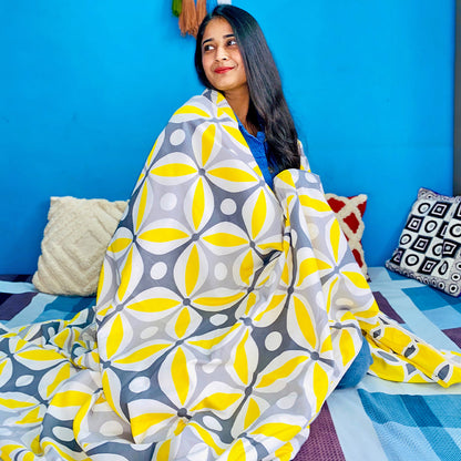 Yellow and Grey 120 GSM Microfiber Floral Pattern Single Bed AC Blanket Dohar for All Season